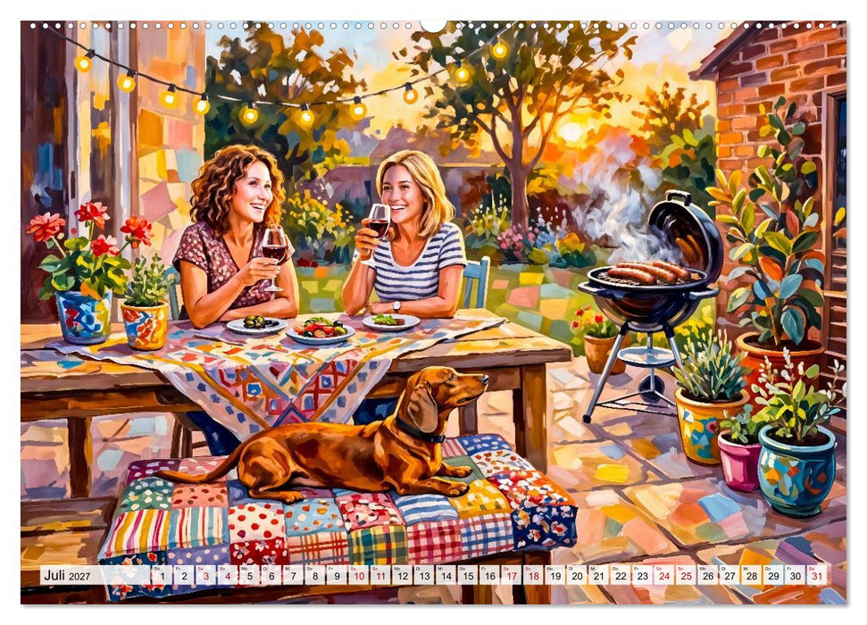 Dackelglück mit Patchwork - Dackelzauber im Cottage‑Garten (CALVENDO Premium Wandkalender 2027)
