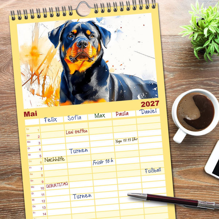 Kraftvolle Rottweiler. Stattliche Begleithunde im Aquarell-Stil (CALVENDO Familienplaner 2027)