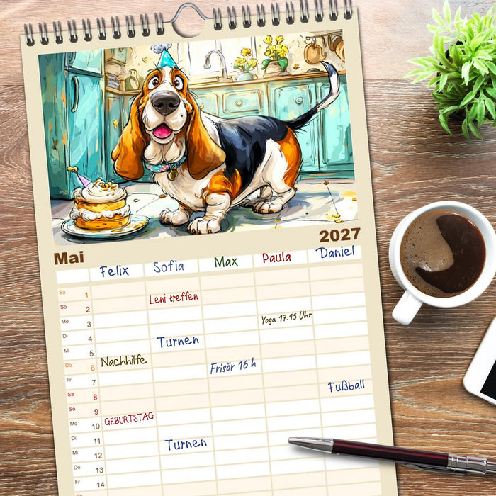 Basset Fun. Niedliche Hunde Cartoons zum Schmunzeln (CALVENDO Familienplaner 2027)