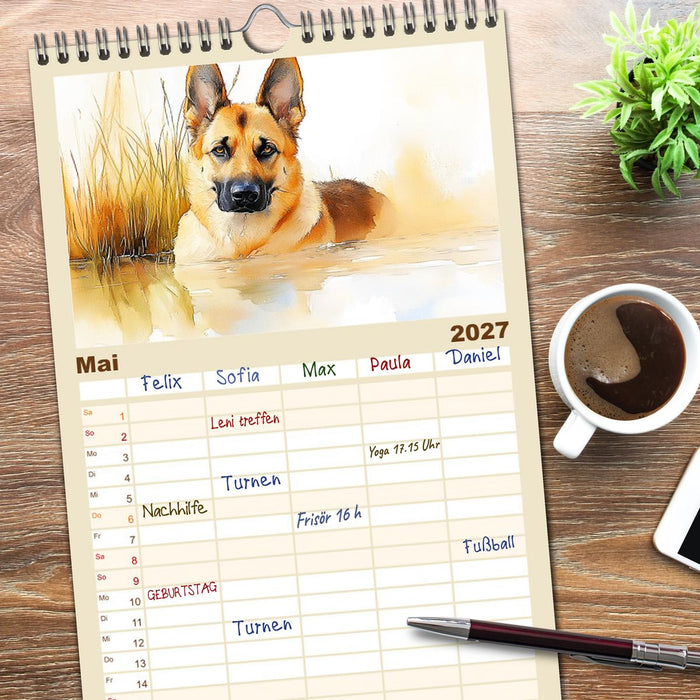 Deutsche Schäferhunde. Majestätische Wächter im Aquarell-Stil (CALVENDO Familienplaner 2027)