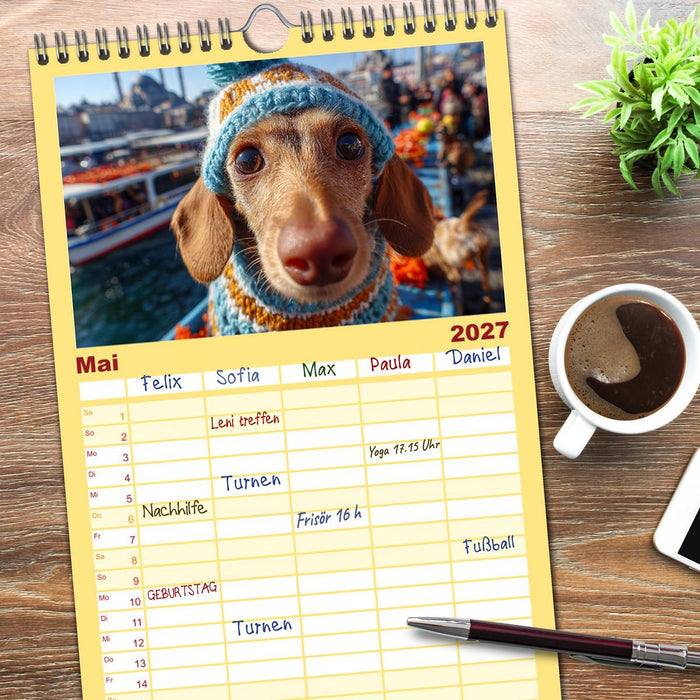 Dackel auf großer Tour - Süße Hunde entdecken die Welt (CALVENDO Familienplaner 2027)