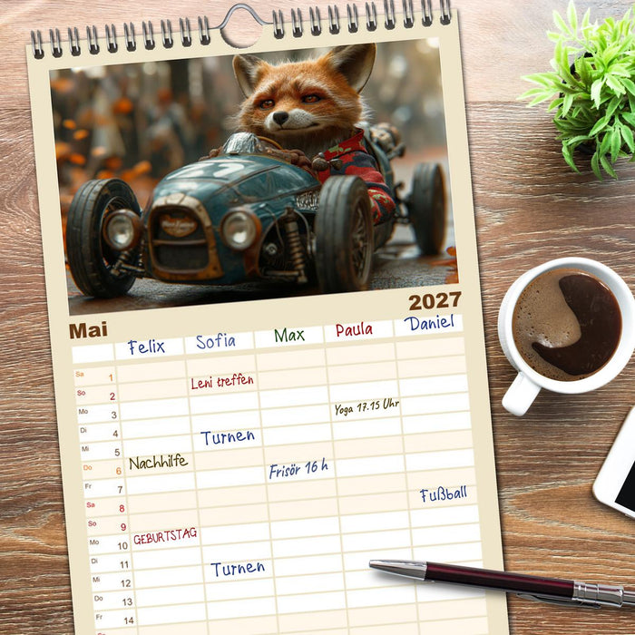 Tierische Rennfahrer - Mit Tieren im Oldtimer durch das Jahr (CALVENDO Familienplaner 2027)