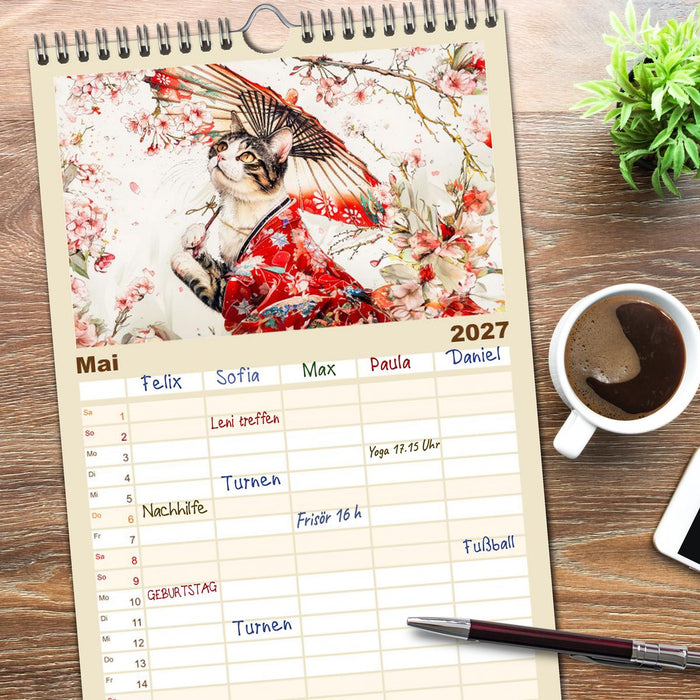 Geisha-Katzen - Mit Blüten, Schirm und Bambus im Japanstil (CALVENDO Familienplaner 2027)