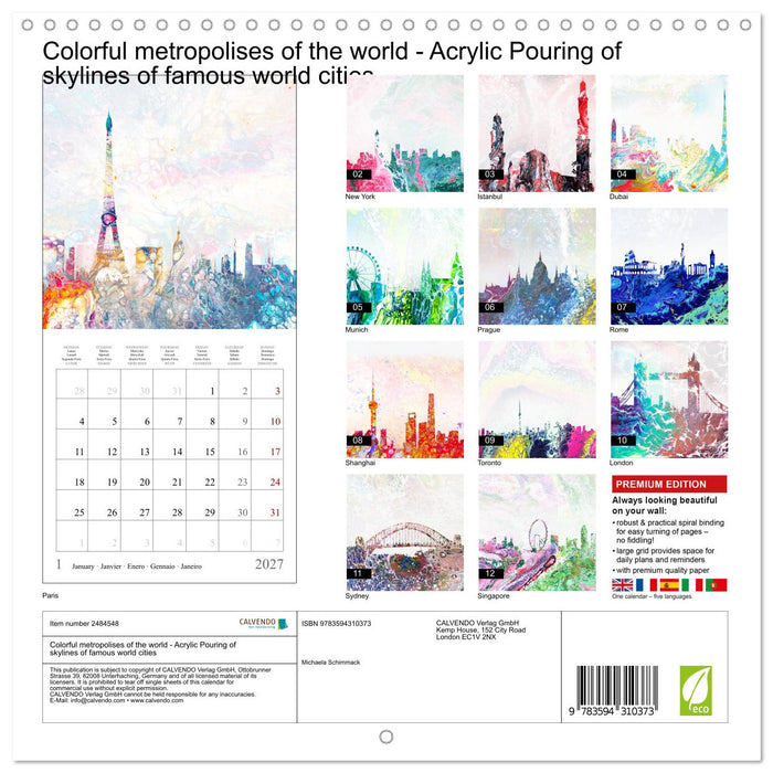 Colorful metropolises of the world - Acrylic Pouring of skylines of famous world cities (CALVENDO Monthly Calendar 2027)