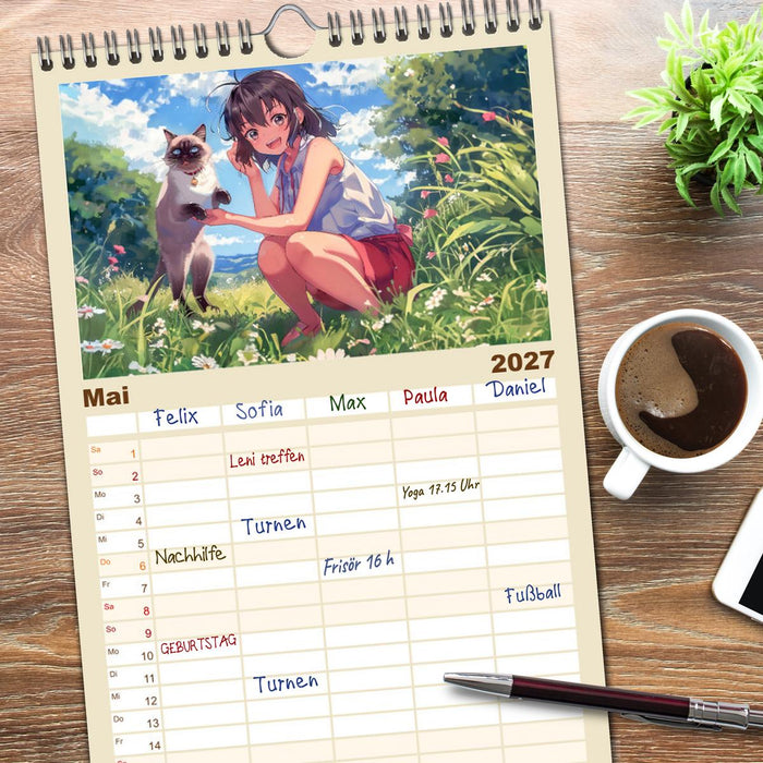 Tierische Anime-Freunde - Fröhliche Streifzüge mit Hund und Katze (CALVENDO Familienplaner 2027)