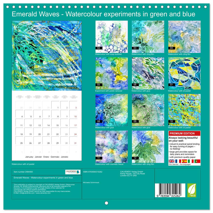 Emerald Waves - Watercolour experiments in green and blue (CALVENDO Monthly Calendar 2027)