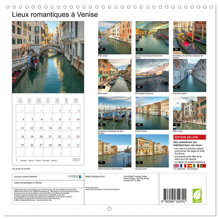Lieux romantiques à Venise (CALVENDO Calendrier mensuel 2027)