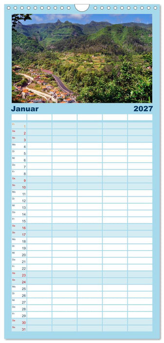 Madeira - blaues Wasser, grüne Berge, bunte Blumen (CALVENDO Familienplaner 2027)