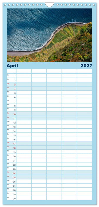 Madeira - blaues Wasser, grüne Berge, bunte Blumen (CALVENDO Familienplaner 2027)