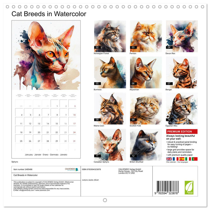 Cat Breeds in Watercolor (CALVENDO Monthly Calendar 2027)
