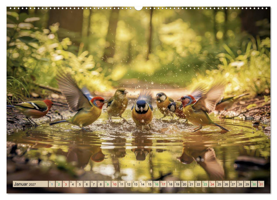 Farbenfrohe Singvögel beim Baden (CALVENDO Wandkalender 2027)