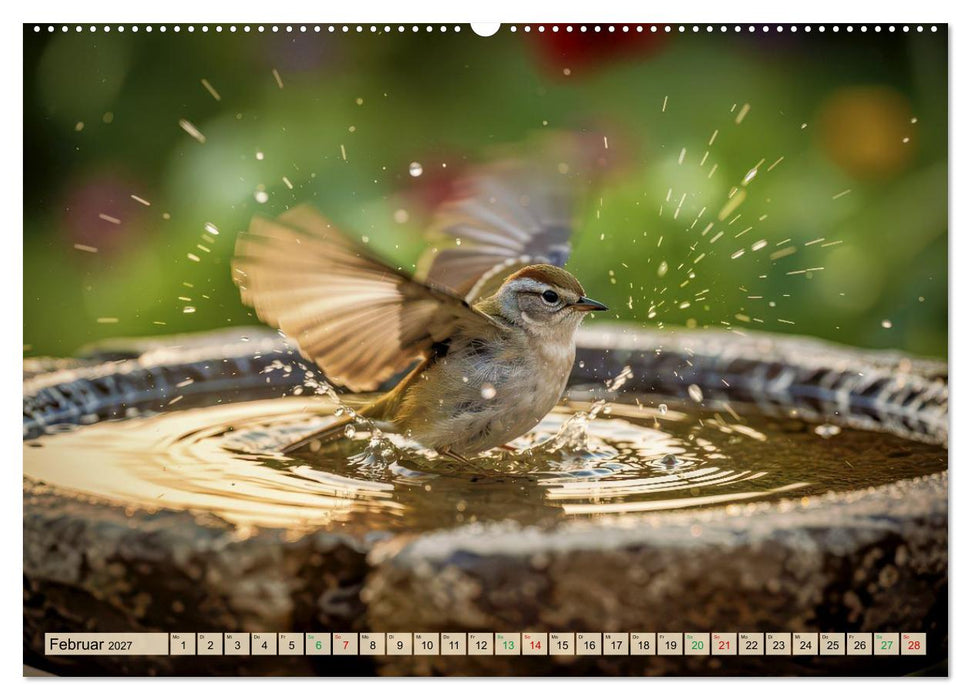 Farbenfrohe Singvögel beim Baden (CALVENDO Premium Wandkalender 2027)