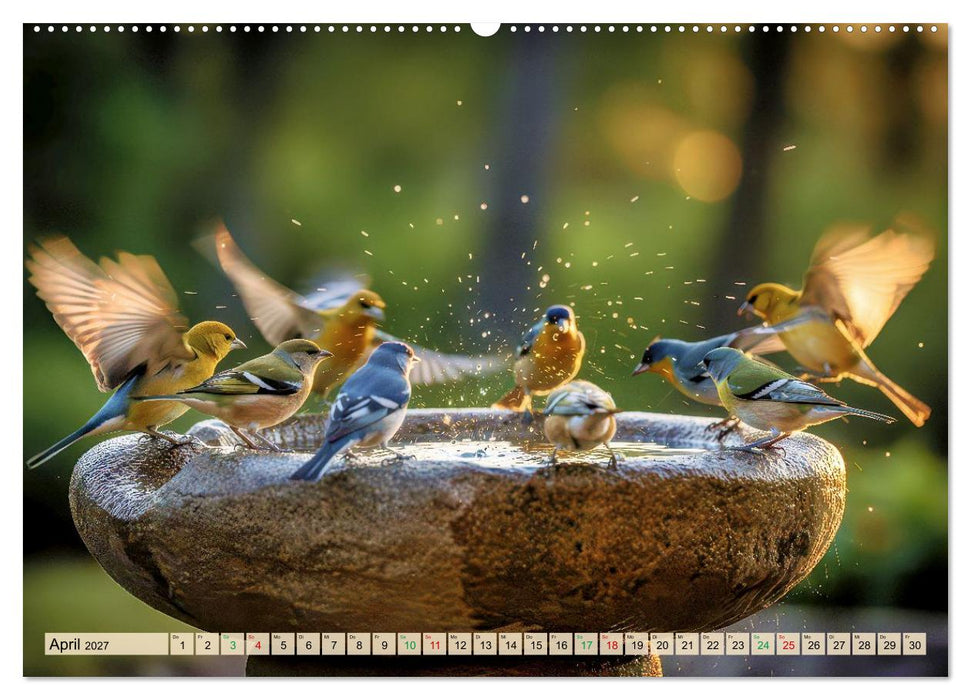 Farbenfrohe Singvögel beim Baden (CALVENDO Premium Wandkalender 2027)