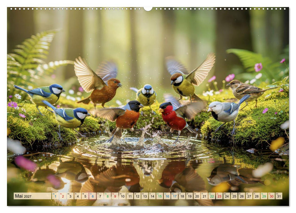 Farbenfrohe Singvögel beim Baden (CALVENDO Premium Wandkalender 2027)