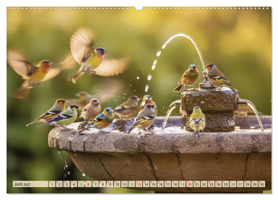 Farbenfrohe Singvögel beim Baden (CALVENDO Premium Wandkalender 2027)