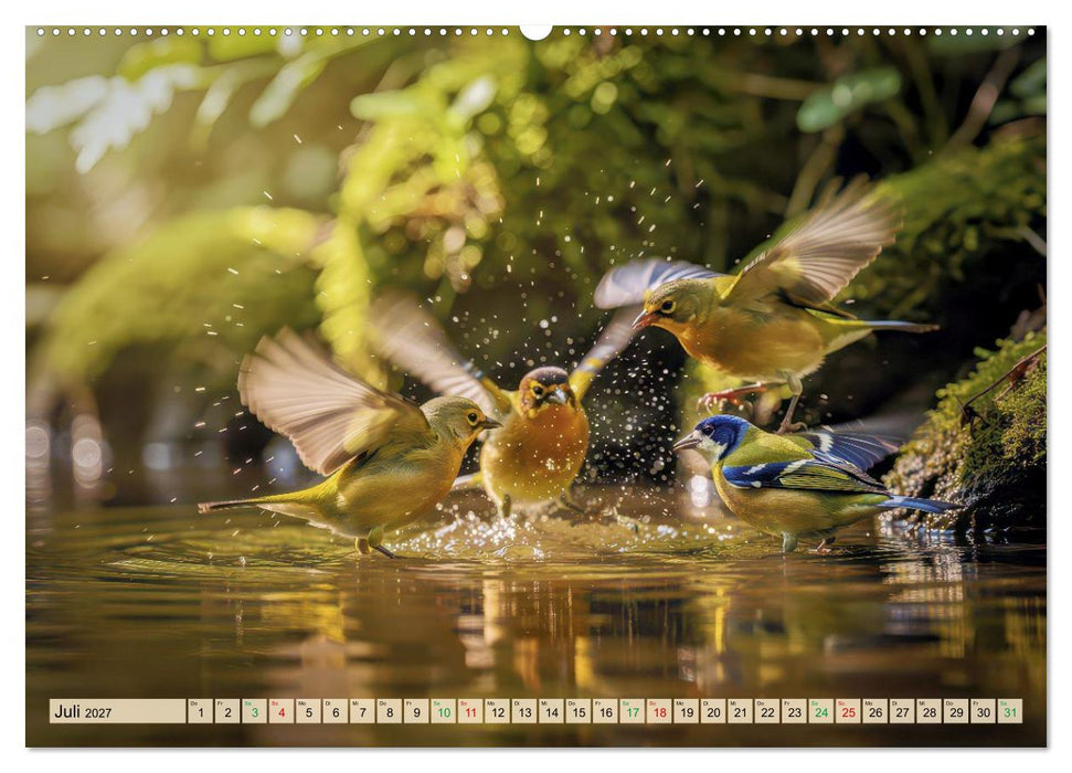 Farbenfrohe Singvögel beim Baden (CALVENDO Premium Wandkalender 2027)