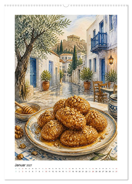 Kulinarisches Hellas - Gemalte Gaumenfreuden (CALVENDO Premium Wandkalender 2027)