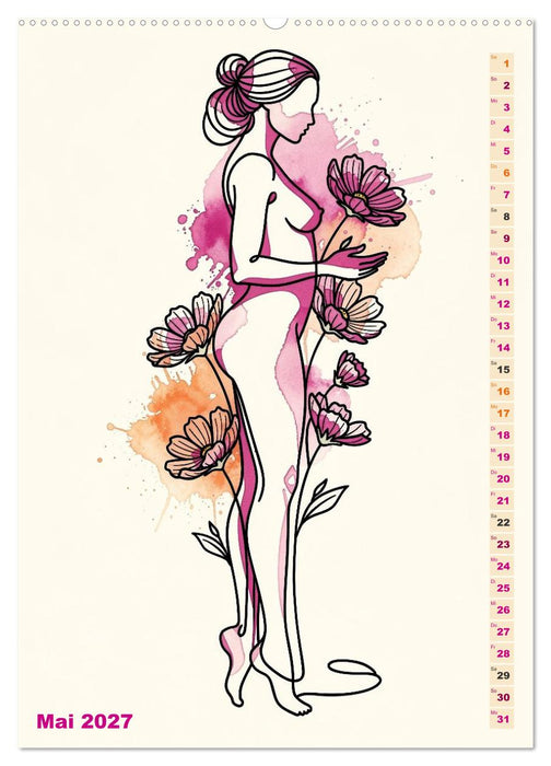 Blütenhauch und Silhouette - Line Art trifft Aquarell (CALVENDO Wandkalender 2027)