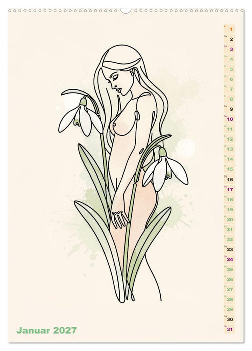 Blütenhauch und Silhouette - Line Art trifft Aquarell (CALVENDO Premium Wandkalender 2027)