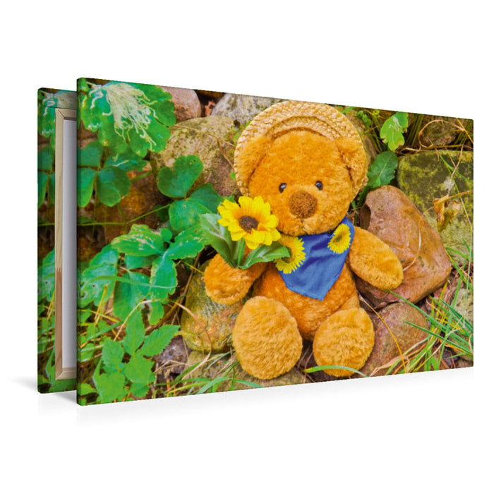 Premium Textil-Leinwand Premium Textil-Leinwand 120 cm x 80 cm quer Teddybär mit Sonnenblume