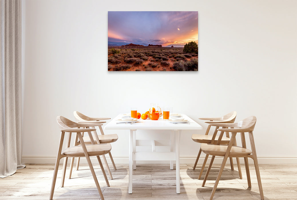 Premium Textil-Leinwand Premium Textil-Leinwand 120 cm x 80 cm quer Sunset - Arches National Park