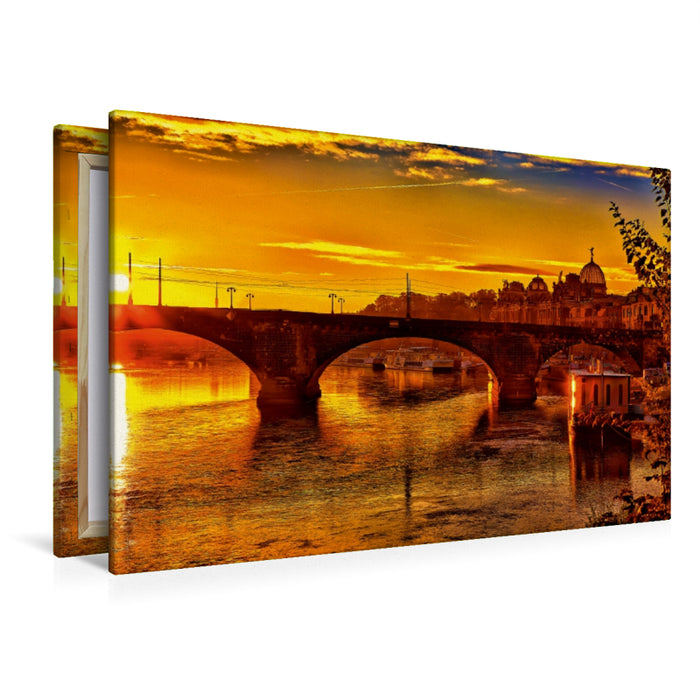 Premium Textil-Leinwand Premium Textil-Leinwand 120 cm x 80 cm quer Sonnenaufgang über der Elbe in Dresden