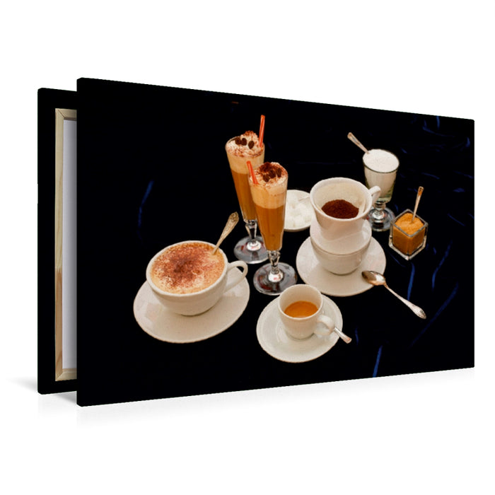 Premium Textil-Leinwand Premium Textil-Leinwand 120 cm x 80 cm quer Filterkaffee, Espresso, Cappuccino und Eiskaffee