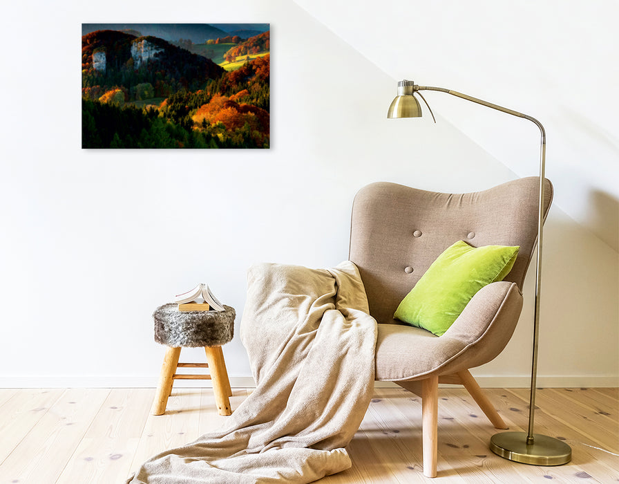 Premium Textil-Leinwand Premium Textil-Leinwand 75 cm x 50 cm quer Herbstfarben im Jura (Schweiz)