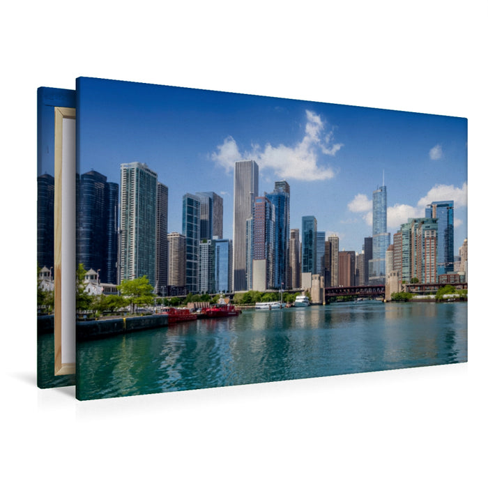 Premium Textil-Leinwand Premium Textil-Leinwand 120 cm x 80 cm quer Chicago River und Skyline