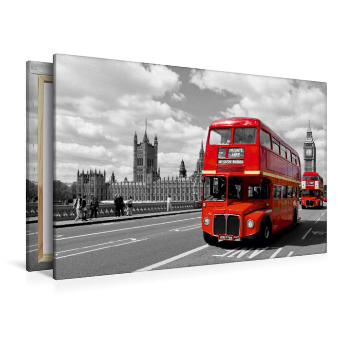 Toile textile premium Toile textile premium 120 cm x 80 cm paysage LONDRES Chambres du Parlement et bus rouges 