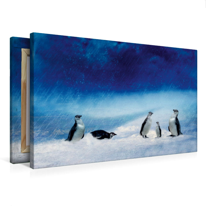 Premium Textil-Leinwand Premium Textil-Leinwand 75 cm x 50 cm quer Lustige Pinguinfamilie im Schneesturm