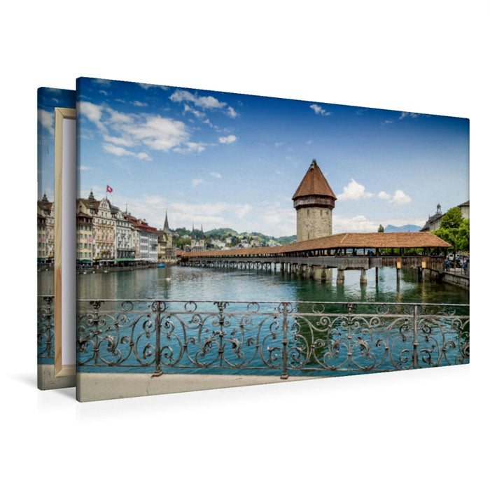 Toile textile premium Toile textile premium 120 cm x 80 cm paysage LUCERNE pont de la chapelle et château d'eau 