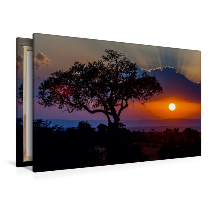 Premium Textil-Leinwand Premium Textil-Leinwand 120 cm x 80 cm quer Sonnenuntergang in der Masai Mara in Kenia