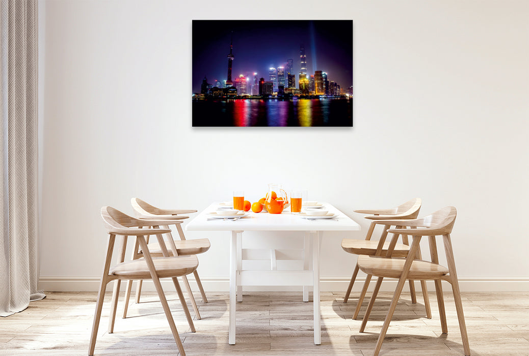 Premium Textil-Leinwand Premium Textil-Leinwand 120 cm x 80 cm quer Fantastische Skyline mit Shanghai Pearl Tower bei Nacht