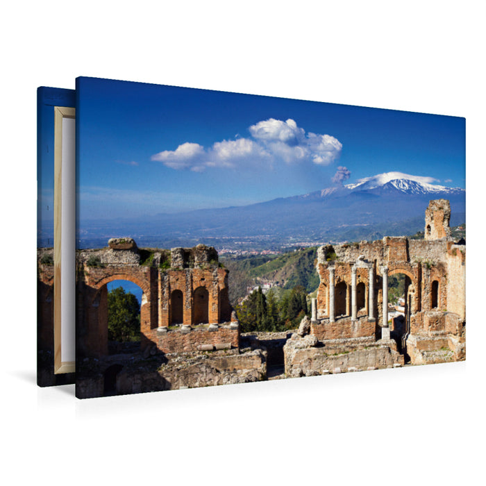 Premium textile canvas Premium textile canvas 120 cm x 80 cm landscape Taormina - Greek theater with a view of Etna 