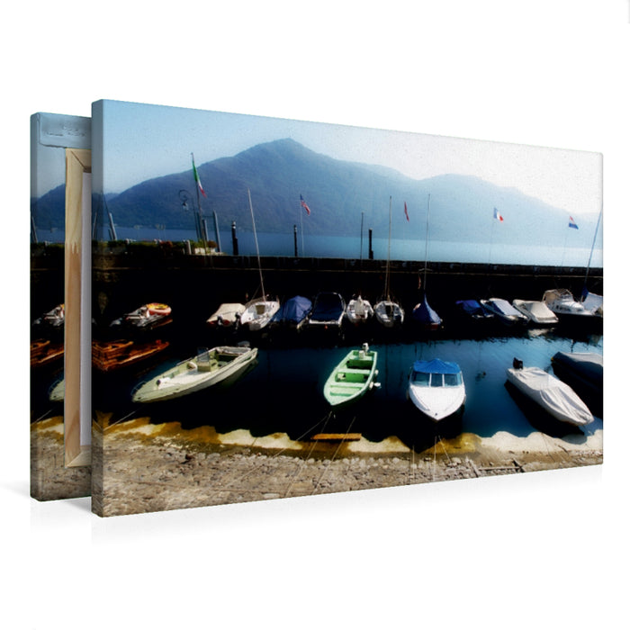 Toile textile premium Toile textile premium 75 cm x 50 cm paysage bateaux de pêche à Cannobio 
