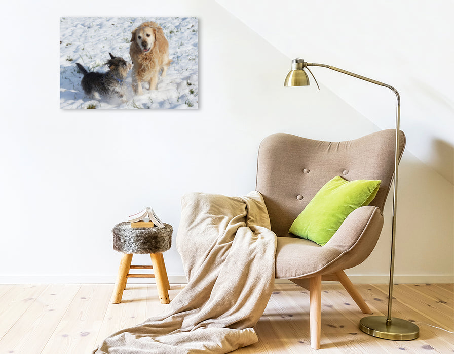 Premium textile canvas Premium textile canvas 75 cm x 50 cm landscape Dog friendship in winter 