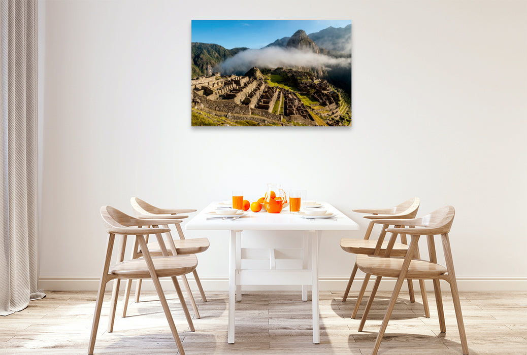 Toile textile premium Toile textile premium 120 cm x 80 cm paysage Machu Picchu dans la brume matinale 