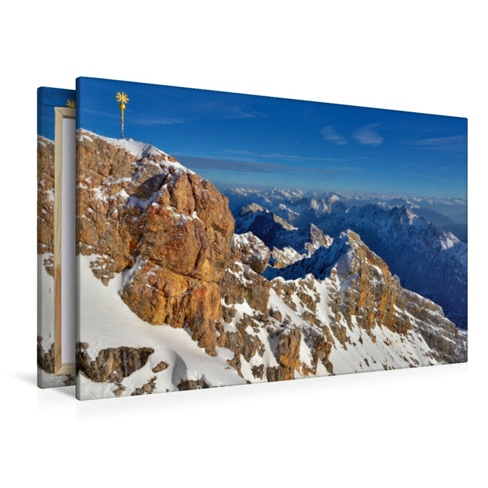 Premium Textil-Leinwand Premium Textil-Leinwand 120 cm x 80 cm quer Zugspitze mit Gipfelkreuz