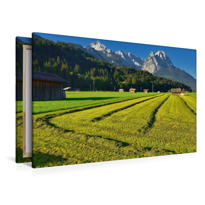 Premium Textil-Leinwand Premium Textil-Leinwand 120 cm x 80 cm quer Wiesen mit Zugspitzblick