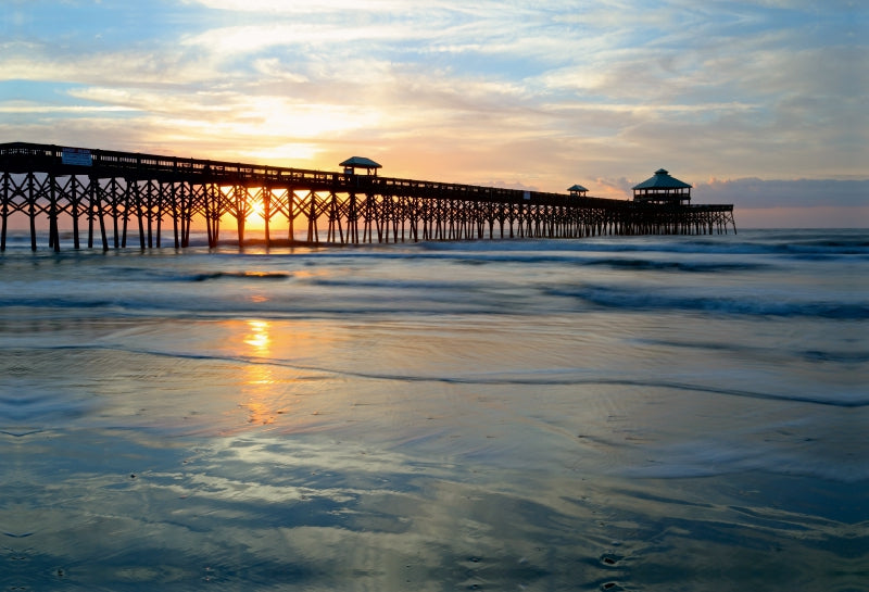 Premium Textil-Leinwand Premium Textil-Leinwand 90 cm x 60 cm quer Folly Beach Pier bei Sonnenaufgang, Charleston, South Carolina, USA