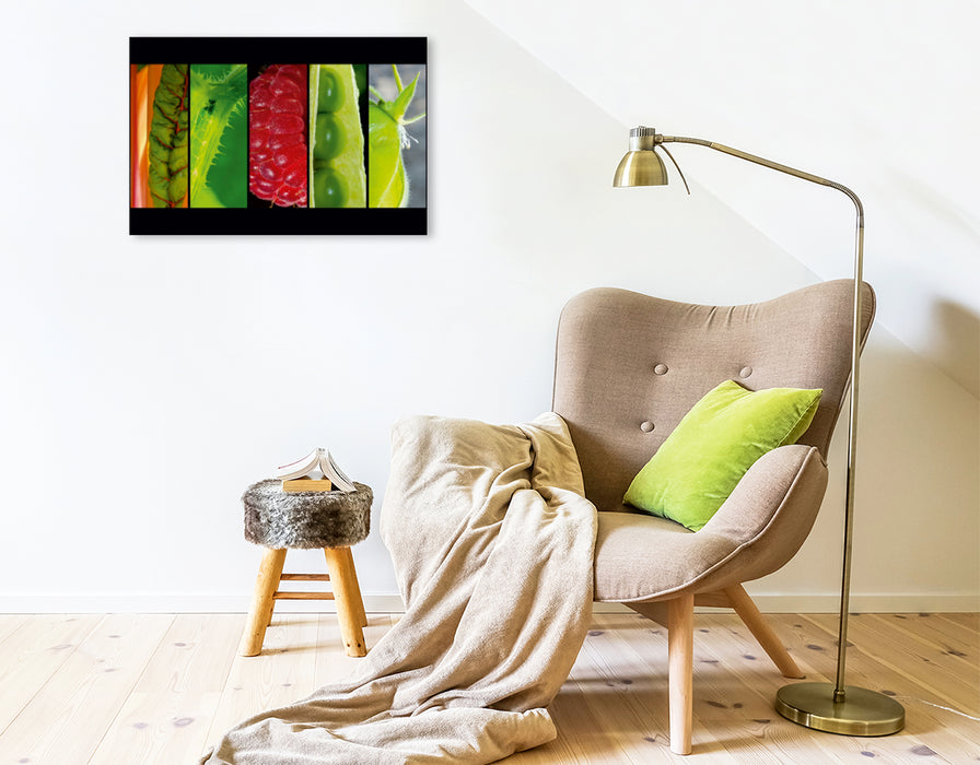 Premium Textil-Leinwand Premium Textil-Leinwand 75 cm x 50 cm quer Mangold  Zucchiniblatt  Himbeere  Erbsen  Kichererbse