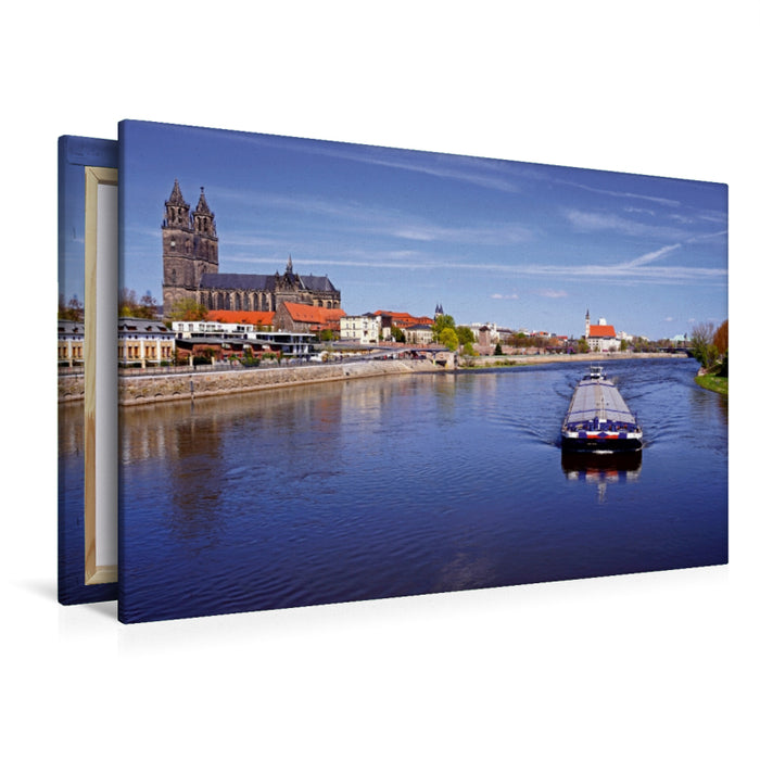 Premium Textil-Leinwand Premium Textil-Leinwand 120 cm x 80 cm quer Schubeinheit auf der Elbe in Magdeburg