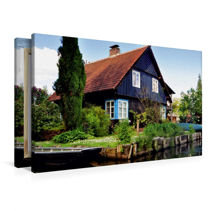 Toile textile premium Toile textile premium 90 cm x 60 cm paysage Maison en bois au bord de l'eau 