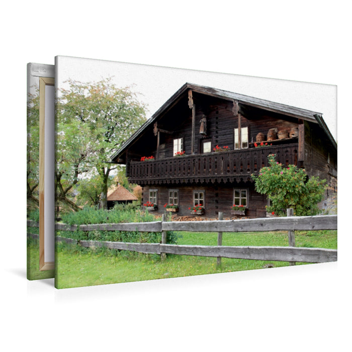 Premium Textil-Leinwand Premium Textil-Leinwand 120 cm x 80 cm quer historisches Bauernhaus aus Holz im Bayerischen Wald, Bayern, Deutschland, Europa