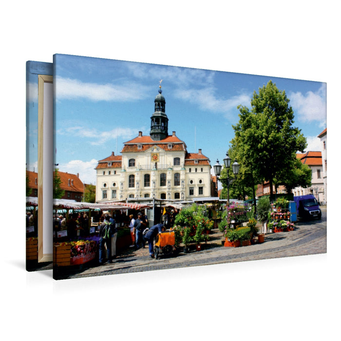 Toile textile premium Toile textile premium 120 cm x 80 cm paysage Jour de marché sur la place de la mairie 