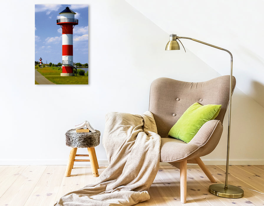 Premium Textil-Leinwand Premium Textil-Leinwand 50 cm x 75 cm hoch Leuchtturm Elbe, Altes Land