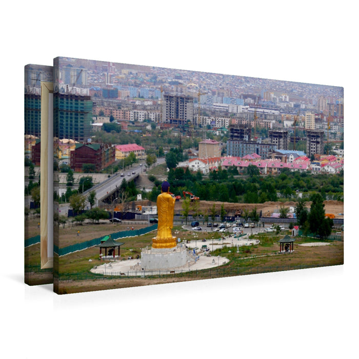 Premium Textil-Leinwand Premium Textil-Leinwand 90 cm x 60 cm quer Buddha-Statue in Ulan-Bator