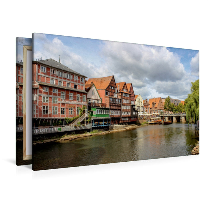 Premium Textil-Leinwand Premium Textil-Leinwand 120 cm x 80 cm quer Blick von der Brausebrücke Lüneburg auf den Stintmarkt mit altem Lösecke-Haus