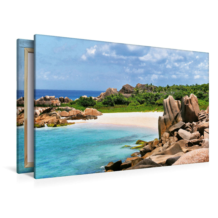 Premium Textil-Leinwand Premium Textil-Leinwand 120 cm x 80 cm quer Strandbucht auf La Digue